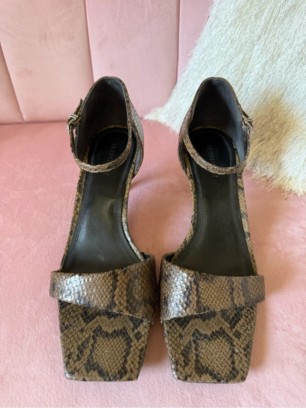 NORDSTROM Women's Brown & Black Snake-Print Leather Ankle Strap Heels. Size 7.5